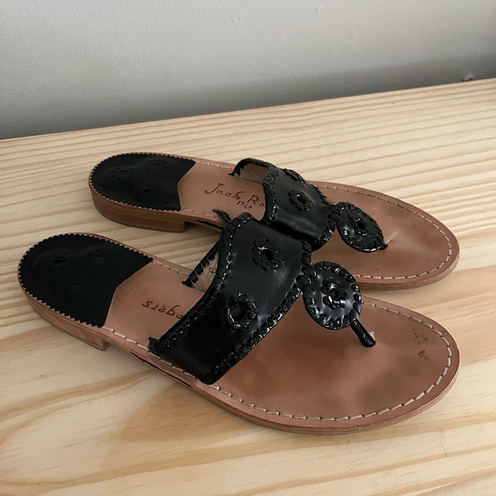 Jack Rogers Black Patent Leather Thong Sandals Slip On Size 9